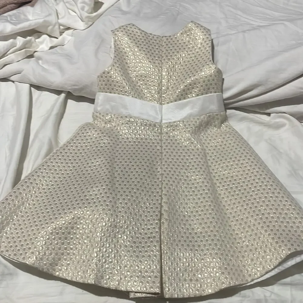Gymboree 6 cream and golden dressy dress rhinestone belt attached lined euc